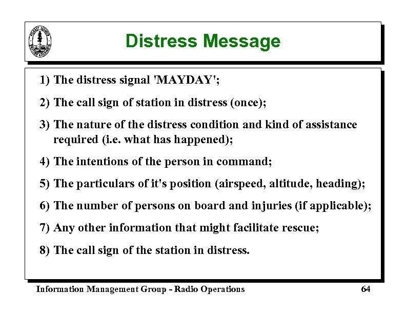Distress Message 1) The distress signal 'MAYDAY'; 2) The call sign of station in