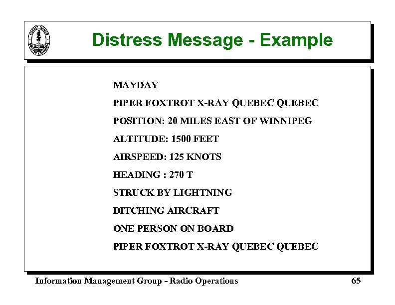 Distress Message - Example MAYDAY PIPER FOXTROT X-RAY QUEBEC POSITION: 20 MILES EAST OF