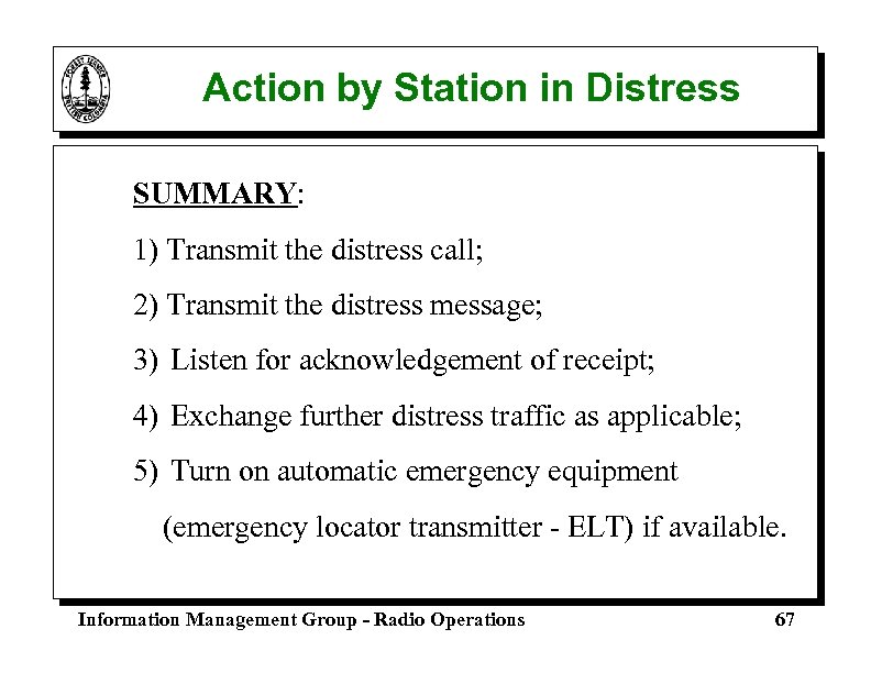 Action by Station in Distress SUMMARY: 1) Transmit the distress call; 2) Transmit the