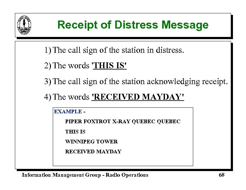Receipt of Distress Message 1) The call sign of the station in distress. 2)