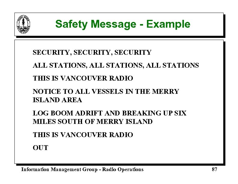 Safety Message - Example SECURITY, SECURITY ALL STATIONS, ALL STATIONS THIS IS VANCOUVER RADIO
