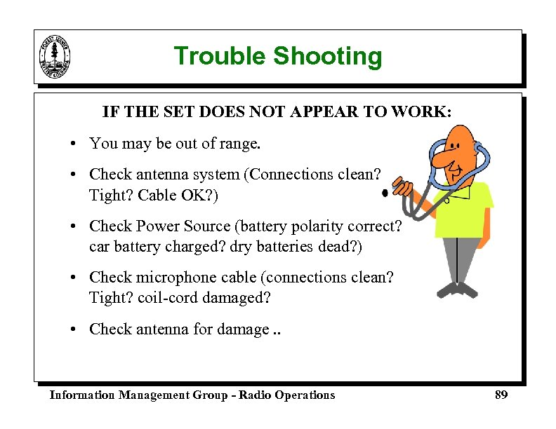 Trouble Shooting IF THE SET DOES NOT APPEAR TO WORK: • You may be