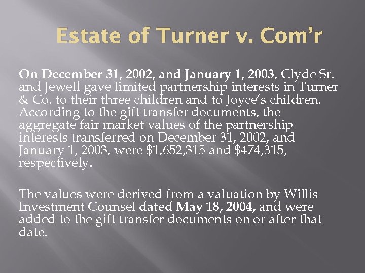 Estate of Turner v. Com’r On December 31, 2002, and January 1, 2003, Clyde