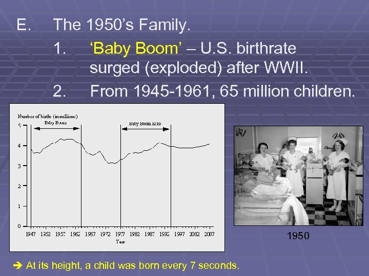 E. The 1950’s Family. 1. ‘Baby Boom’ – U. S. birthrate surged (exploded) after
