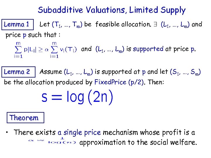 Subadditive Valuations, Limited Supply Lemma 1 Let (T 1, …, Tm) be feasible allocation.