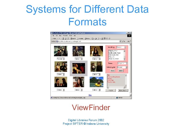 Systems for Different Data Formats View. Finder Digital Libraries Forum 2002 Project SIFTER ©