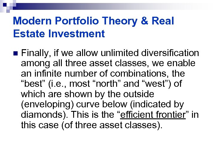 Modern Portfolio Theory & Real Estate Investment n Finally, if we allow unlimited diversification