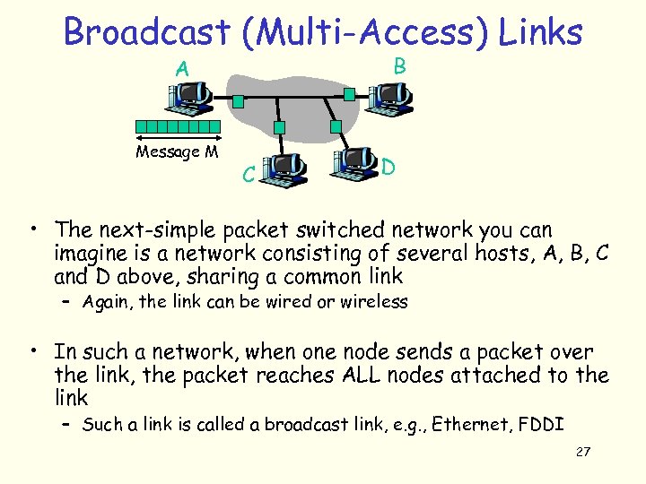 Broadcast (Multi-Access) Links B A Message M C D • The next-simple packet switched