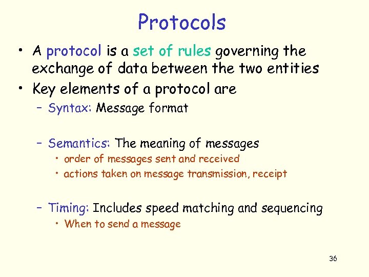 Protocols • A protocol is a set of rules governing the exchange of data