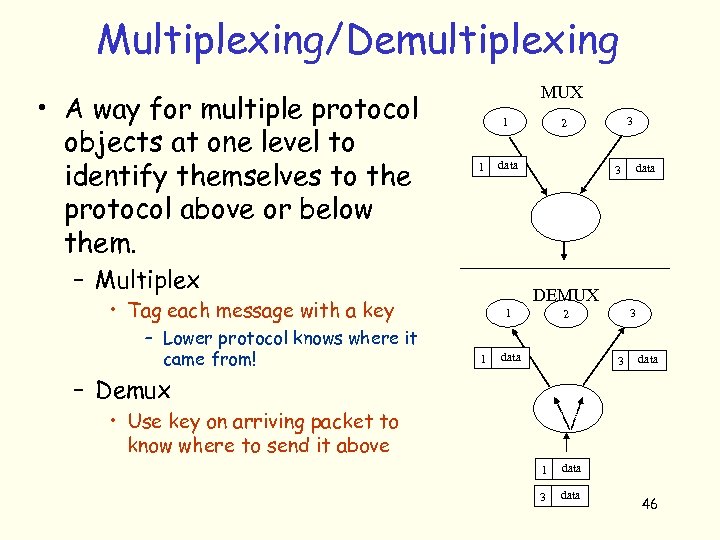 Multiplexing/Demultiplexing • A way for multiple protocol objects at one level to identify themselves