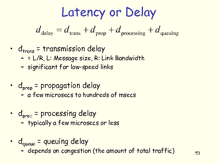 Latency or Delay • dtrans = transmission delay – = L/R, L: Message size,