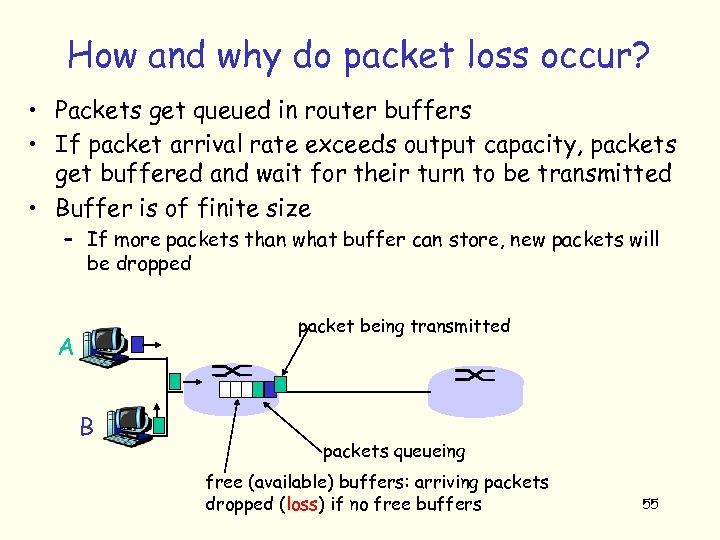 How and why do packet loss occur? • Packets get queued in router buffers