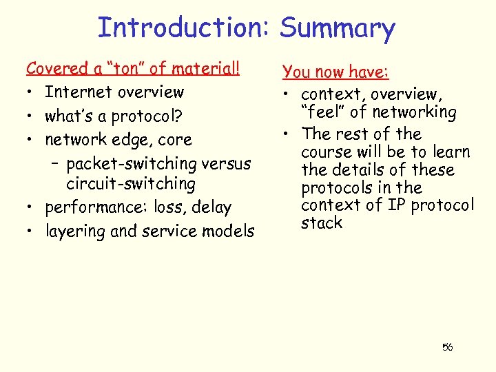 Introduction: Summary Covered a “ton” of material! • Internet overview • what’s a protocol?