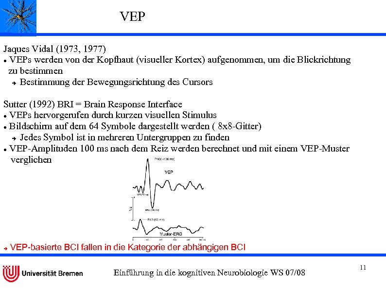 VEP Jaques Vidal (1973, 1977) VEPs werden von der Kopfhaut (visueller Kortex) aufgenommen, um