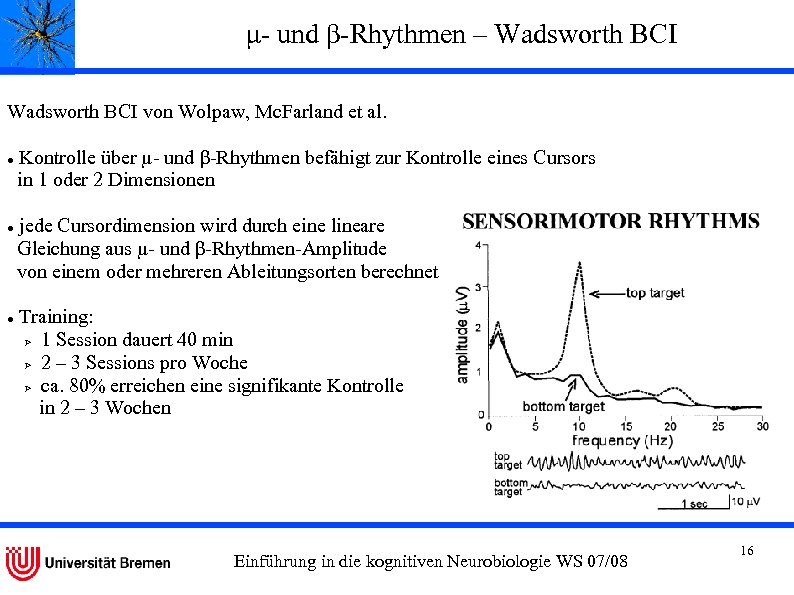 μ- und β-Rhythmen – Wadsworth BCI von Wolpaw, Mc. Farland et al. Kontrolle über