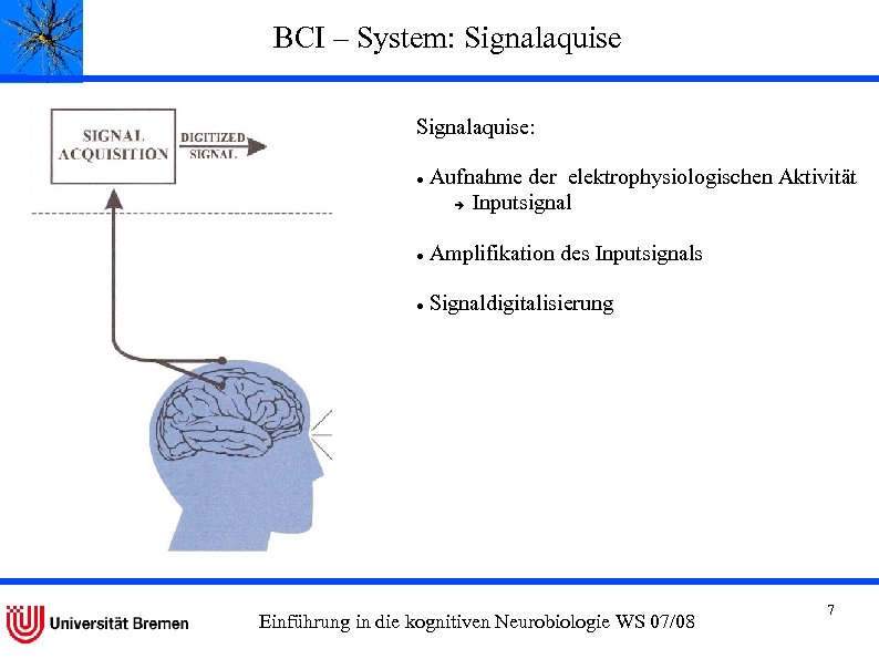 BCI – System: Signalaquise: Aufnahme der elektrophysiologischen Aktivität Inputsignal Amplifikation des Inputsignals Signaldigitalisierung Einführung