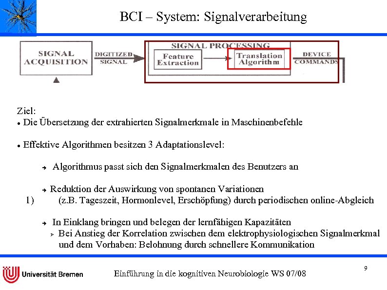 BCI – System: Signalverarbeitung Ziel: Die Übersetzung der extrahierten Signalmerkmale in Maschinenbefehle Effektive Algorithmen