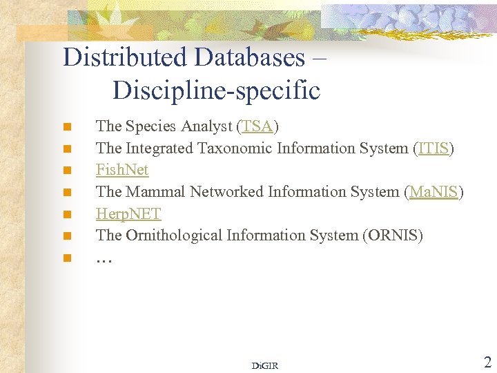 Distributed Databases – Discipline-specific n n n n The Species Analyst (TSA) The Integrated