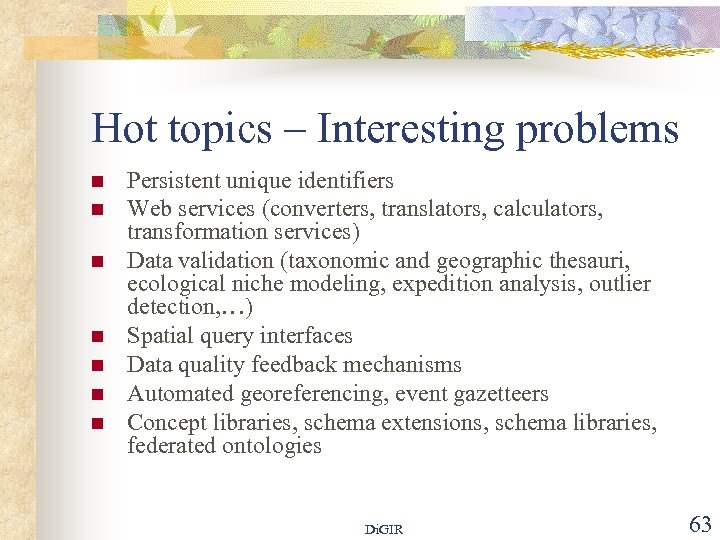 Hot topics – Interesting problems n n n n Persistent unique identifiers Web services