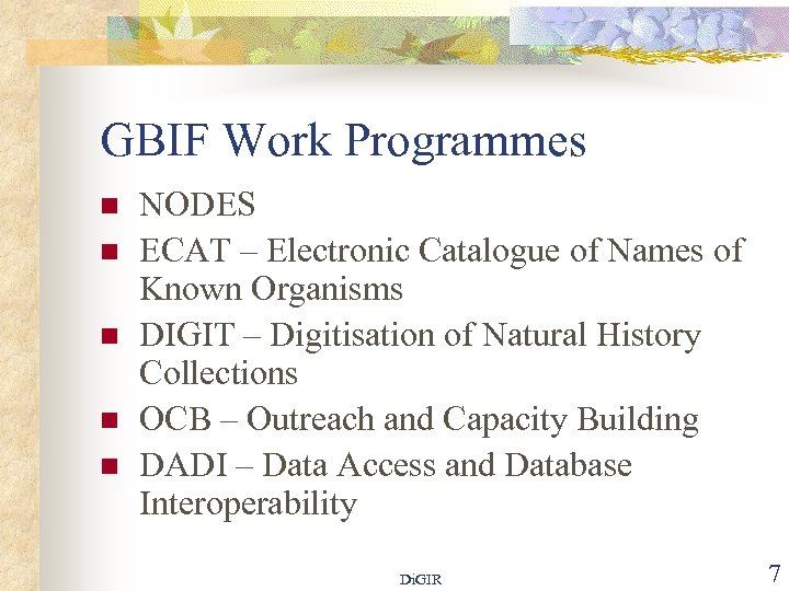 GBIF Work Programmes n n n NODES ECAT – Electronic Catalogue of Names of