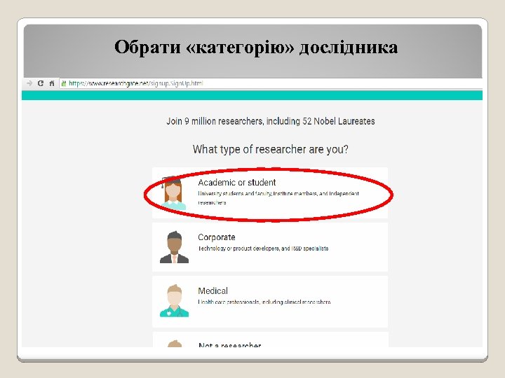 Обрати «категорію» дослідника 