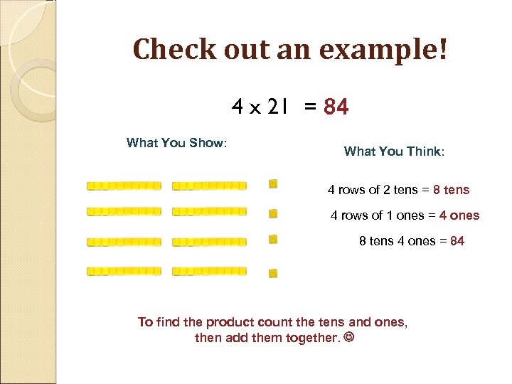 Check out an example! 4 x 21 = 84 What You Show: What You