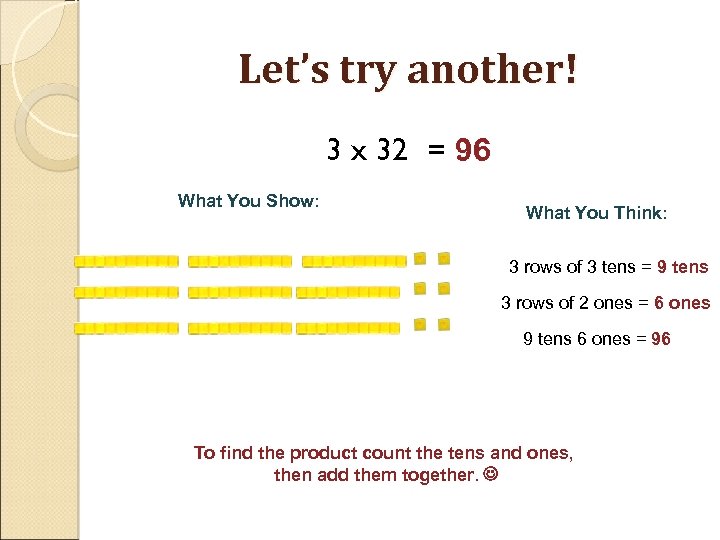 Let’s try another! 3 x 32 = 96 What You Show: What You Think: