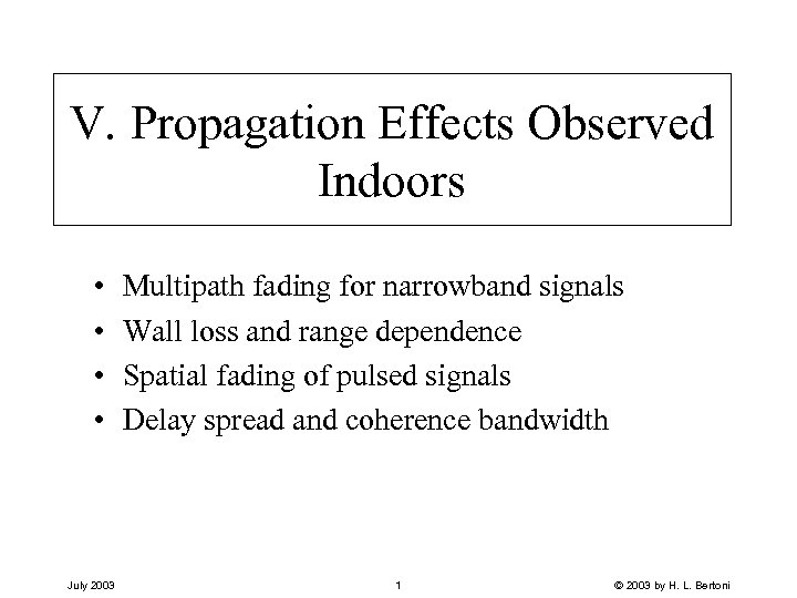 V. Propagation Effects Observed Indoors • • July 2003 Multipath fading for narrowband signals