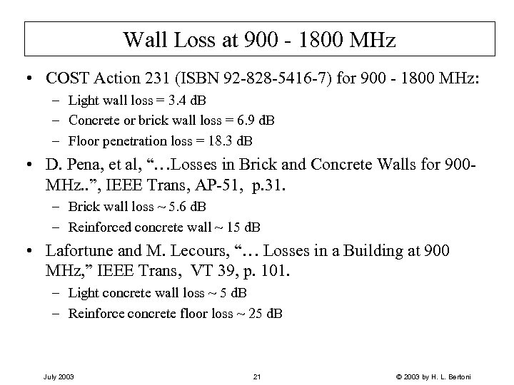 Wall Loss at 900 - 1800 MHz • COST Action 231 (ISBN 92 -828