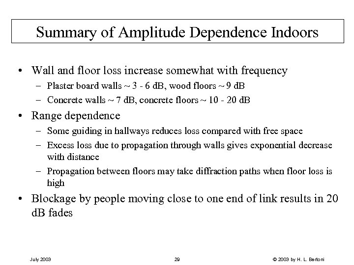 Summary of Amplitude Dependence Indoors • Wall and floor loss increase somewhat with frequency