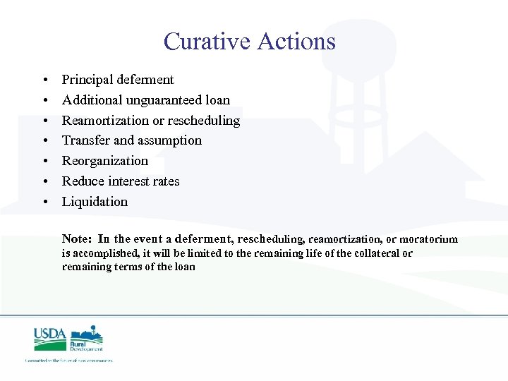 Curative Actions • • Principal deferment Additional unguaranteed loan Reamortization or rescheduling Transfer and