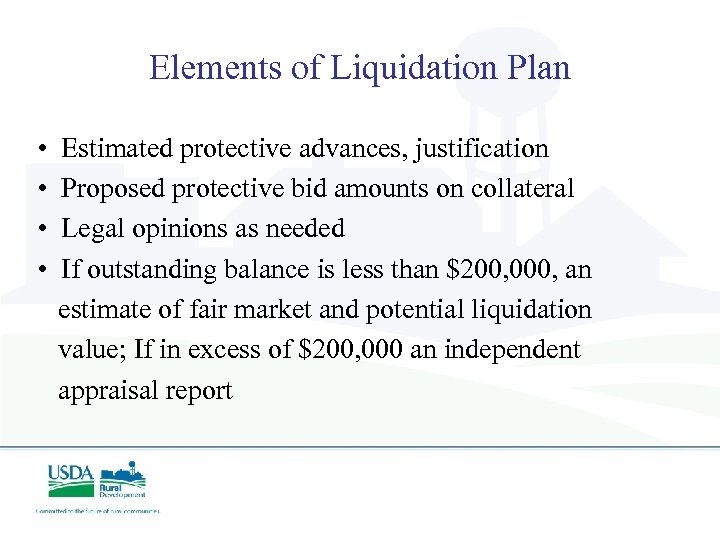 Elements of Liquidation Plan • Estimated protective advances, justification • Proposed protective bid amounts