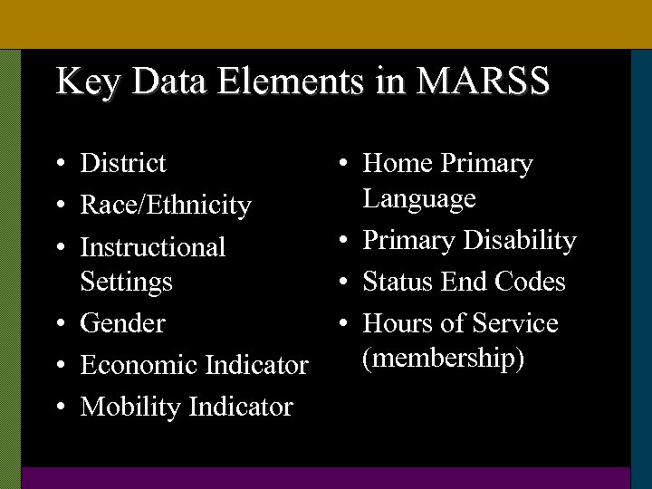 Key Data Elements in MARSS • District • Race/Ethnicity • Instructional Settings • Gender