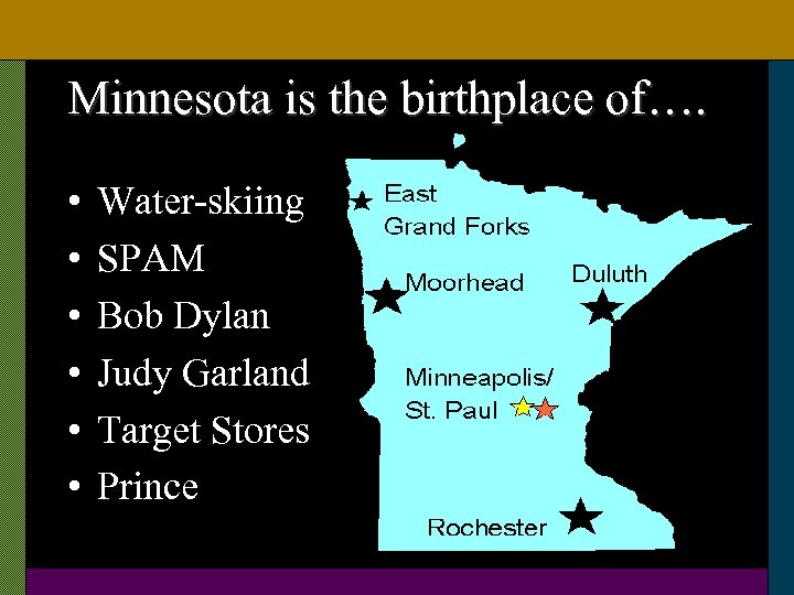 Minnesota is the birthplace of…. • • • Water-skiing SPAM Bob Dylan Judy Garland