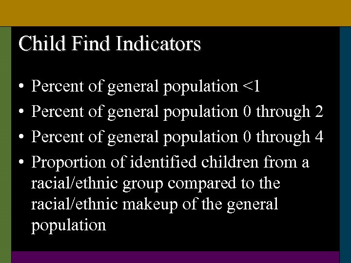 Child Find Indicators • • Percent of general population <1 Percent of general population