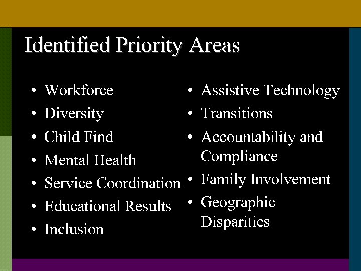 Identified Priority Areas • • Workforce Diversity Child Find Mental Health Service Coordination Educational