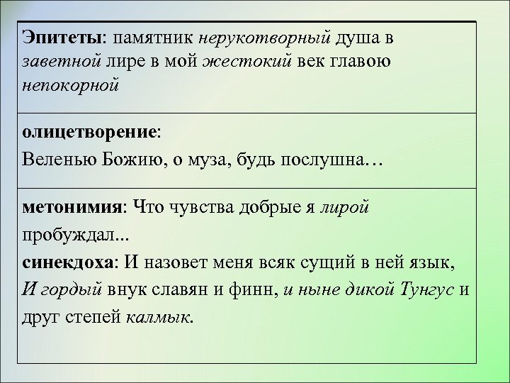 Эпитеты: памятник нерукотворный душа в заветной лире в мой жестокий век главою непокорной олицетворение: