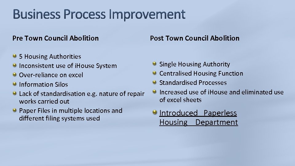 Pre Town Council Abolition 5 Housing Authorities Inconsistent use of i. House System Over-reliance