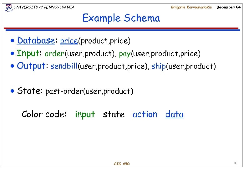 UNIVERSITY of PENNSYLVANIA Grigoris Karvounarakis December 04 Example Schema Database: price(product, price) n Input: