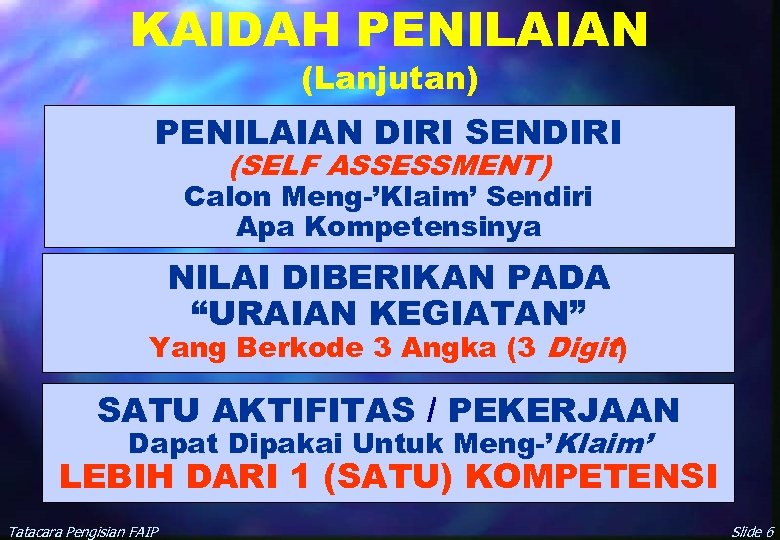 KAIDAH PENILAIAN (Lanjutan) PENILAIAN DIRI SENDIRI (SELF ASSESSMENT) Calon Meng-’Klaim’ Sendiri Apa Kompetensinya NILAI