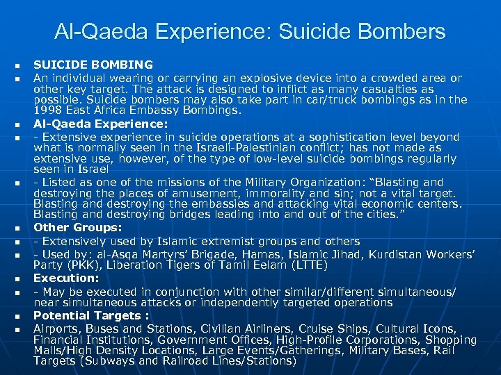 Al-Qaeda Experience: Suicide Bombers n n n SUICIDE BOMBING An individual wearing or carrying