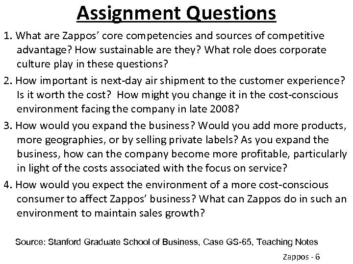 Assignment Questions 1. What are Zappos’ core competencies and sources of competitive advantage? How