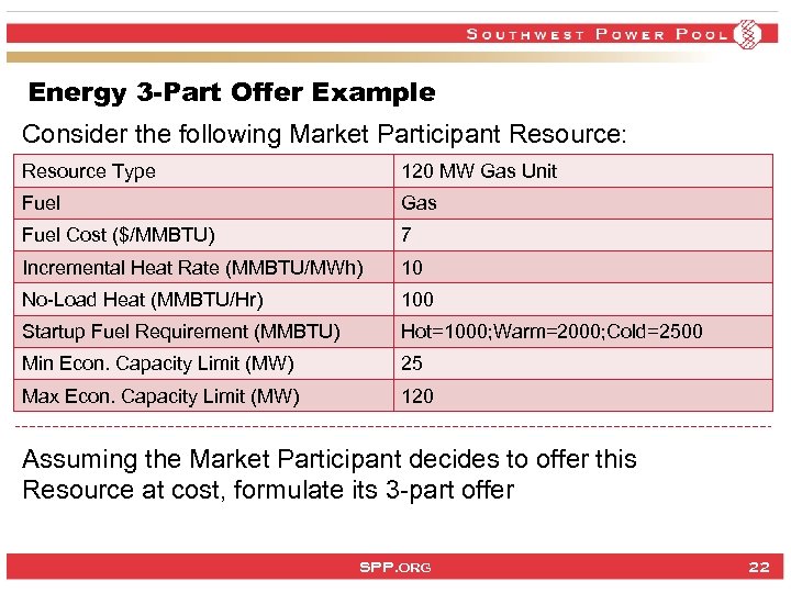 Energy 3 -Part Offer Example Consider the following Market Participant Resource: Resource Type 120