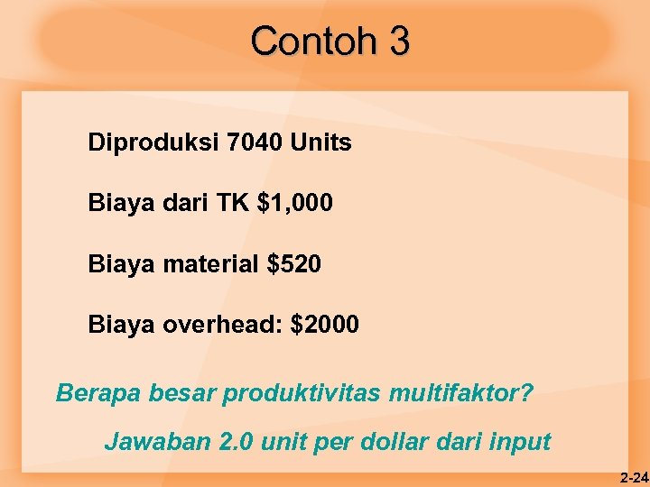 Contoh 3 Diproduksi 7040 Units Biaya dari TK $1, 000 Biaya material $520 Biaya