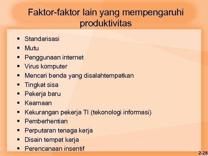 Faktor-faktor lain yang mempengaruhi produktivitas § § § § Standarisasi Mutu Penggunaan internet Virus