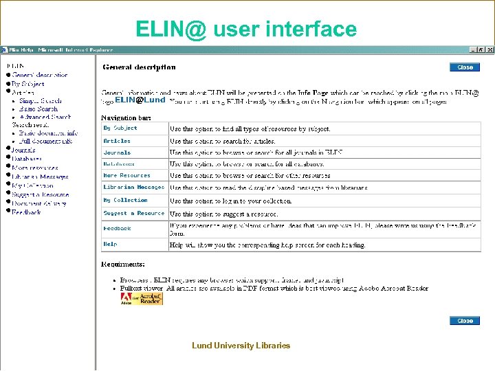 ELIN@ user interface Lund University Libraries 