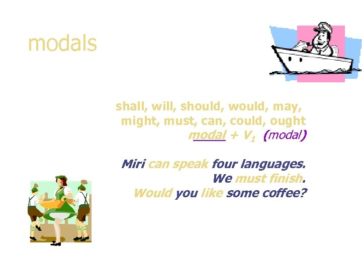 modals shall, will, should, would, may, might, must, can, could, ought modal + V
