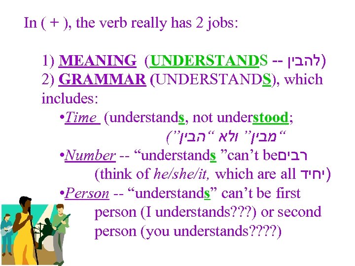 In ( + ), the verb really has 2 jobs: 1) MEANING (UNDERSTANDS --