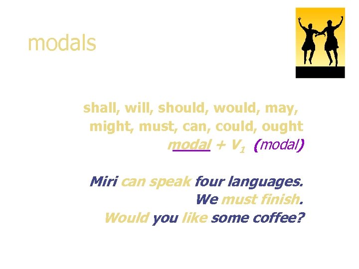 modals shall, will, should, would, may, might, must, can, could, ought modal + V
