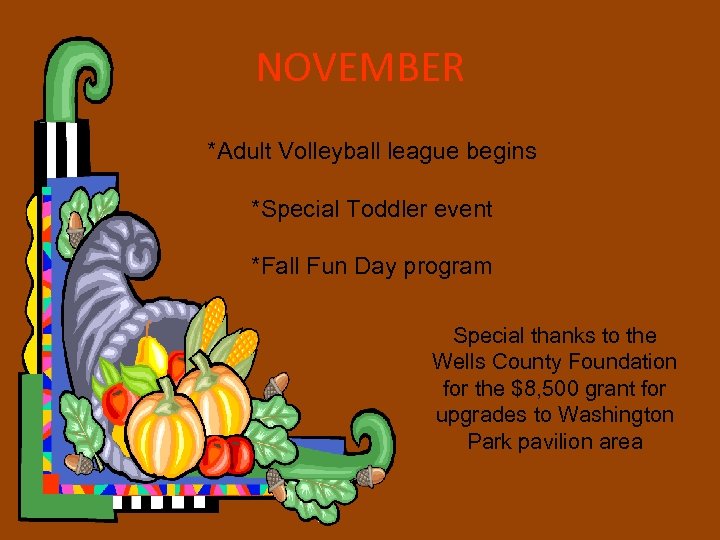 NOVEMBER *Adult Volleyball league begins *Special Toddler event *Fall Fun Day program Special thanks
